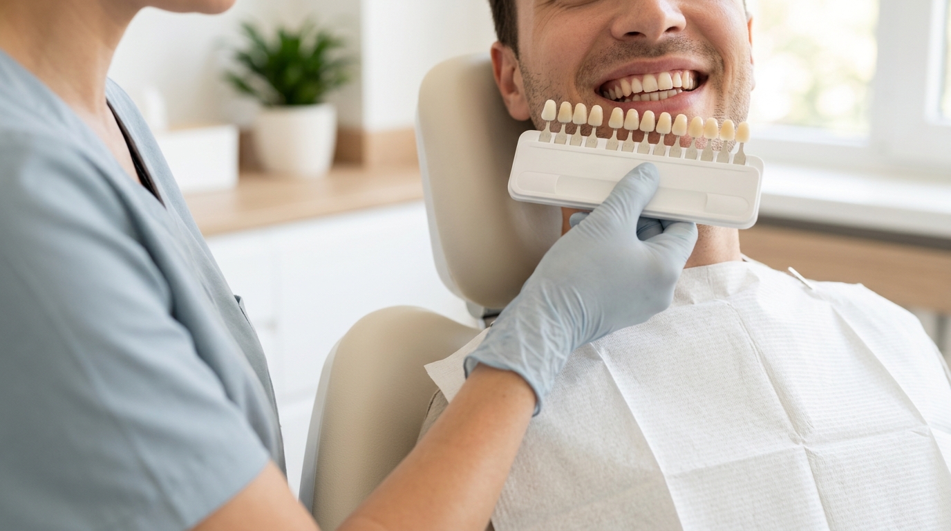 Dentist holding a tooth shade guide beside a patient reclining in a dental chair