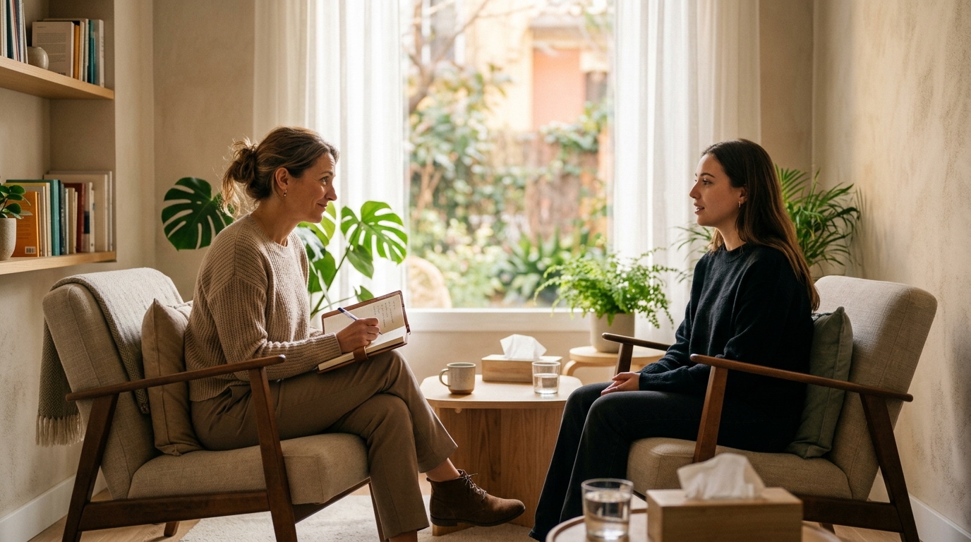 A clinician and patient in calm conversation during a mental health consultation in a warmly lit room