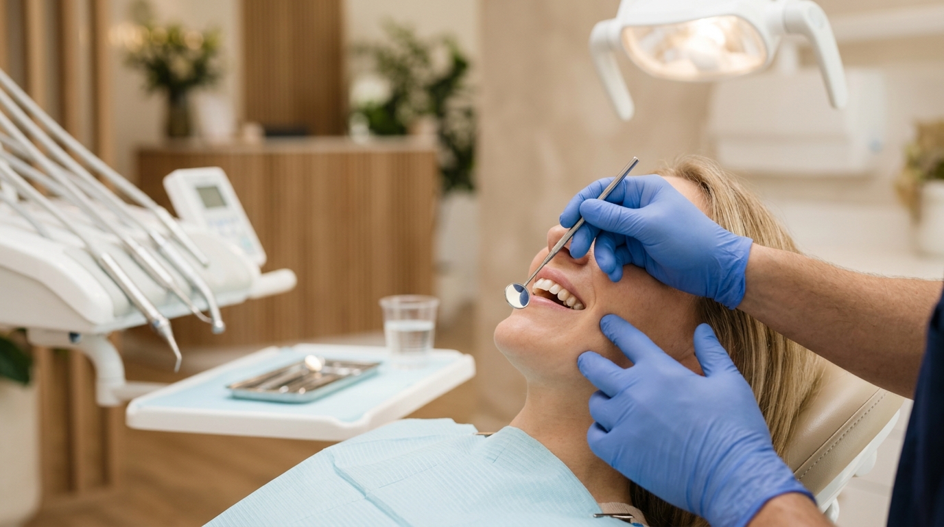 Dentist examining a patient's teeth in a modern well-lit dental surgery