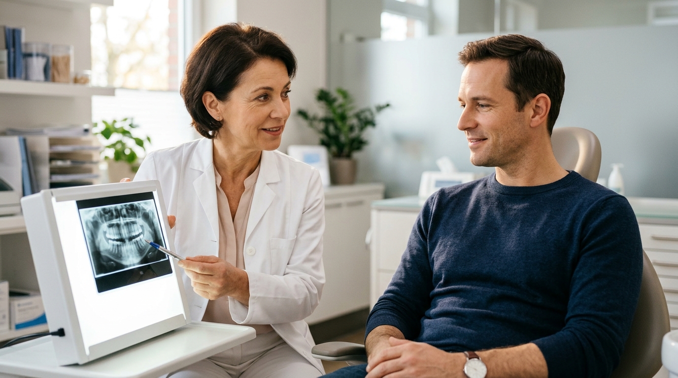 Dentist reviewing a dental X-ray with a patient in a bright modern surgery