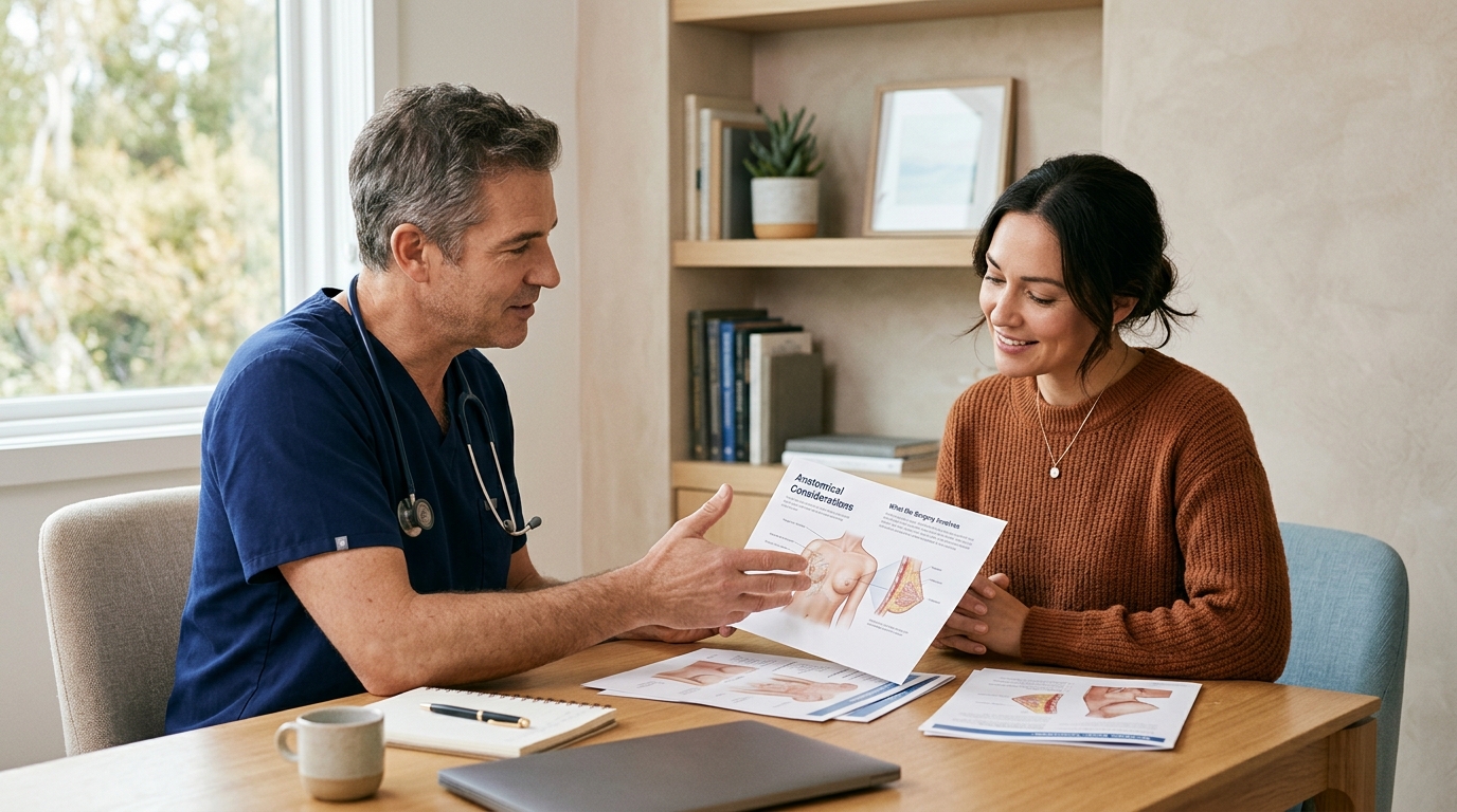 A woman and a surgeon reviewing breast augmentation consultation documents in a softly lit clinical room