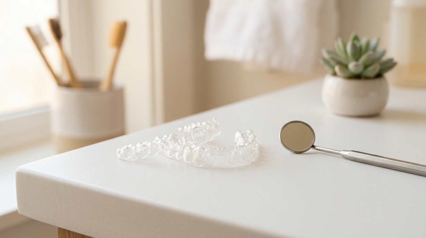 Transparent dental aligners placed on a white surface next to a small dental mirror