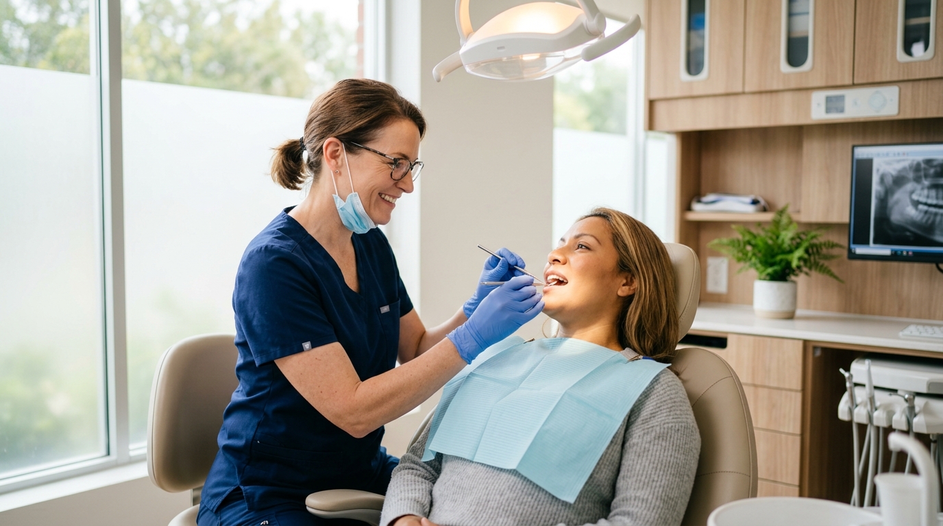 Dentist carefully examining a patient's gums in a modern, softly lit dental clinic