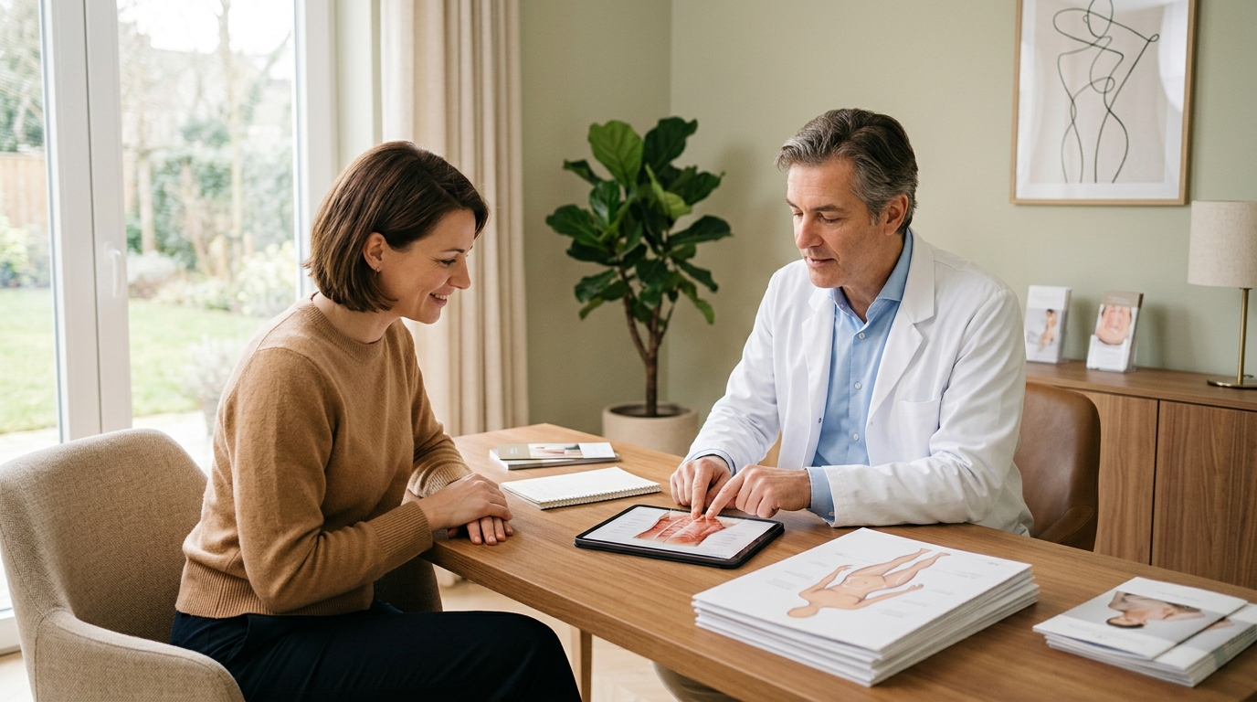 A surgeon reviewing body contouring diagrams with a patient during a pre-operative consultation