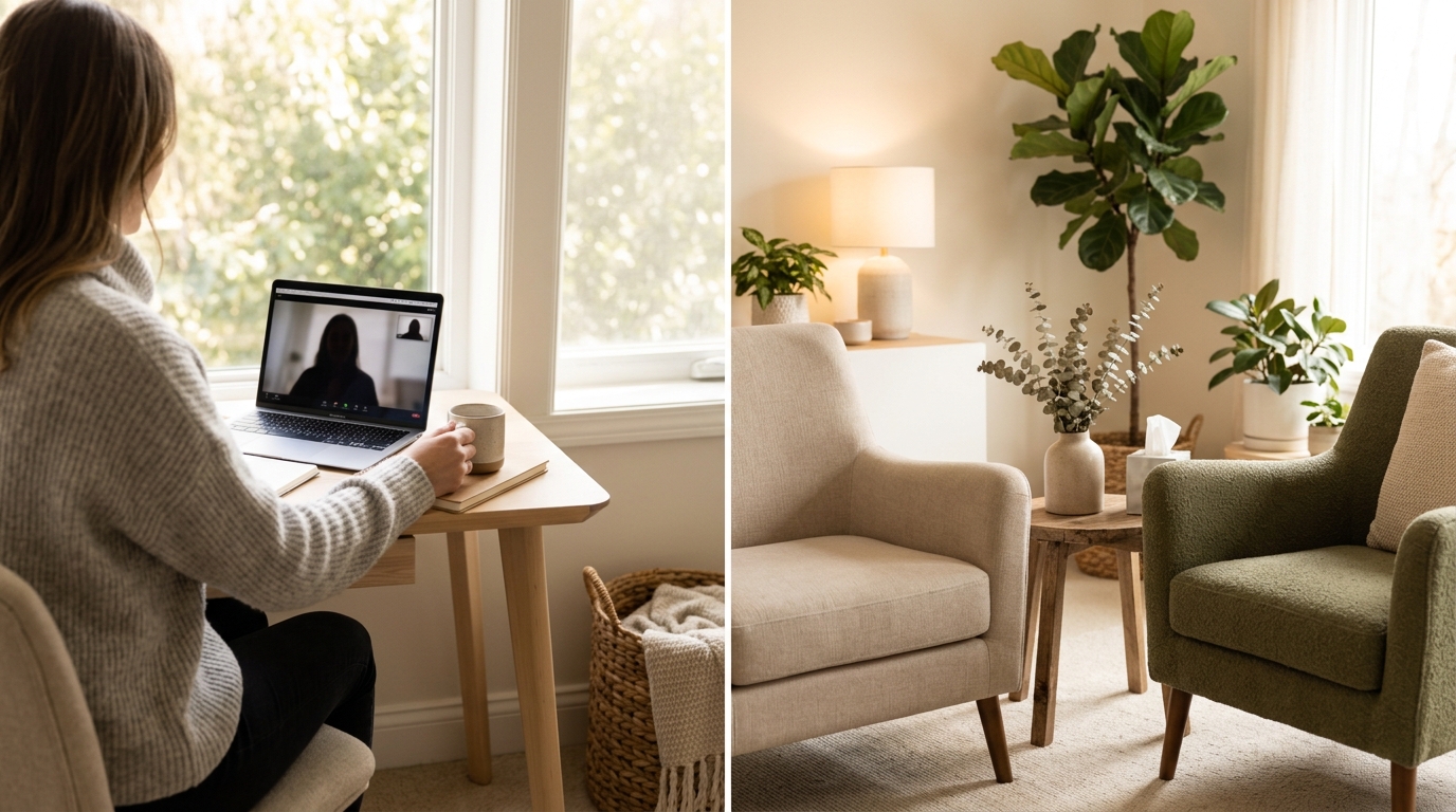A person at a laptop in a sunlit room beside a quiet therapy consulting room with two chairs