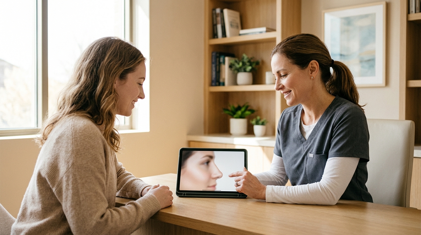 Surgeon and patient reviewing facial profile images together on a tablet in a consultation room
